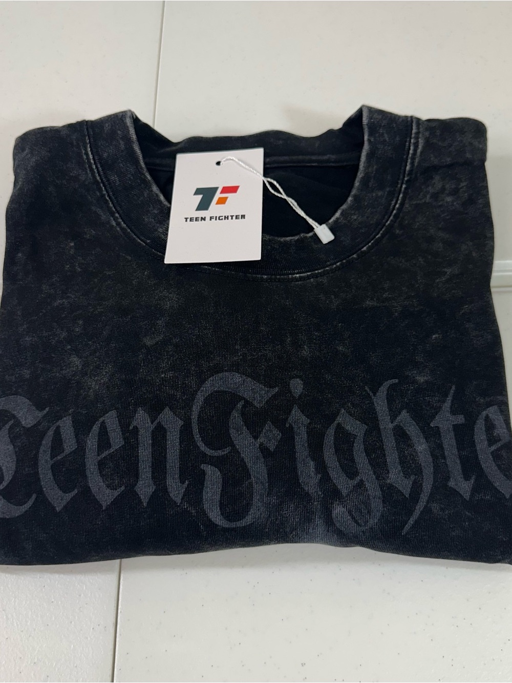 Teen Fighter Black Acid-Wash Graphic Crewneck T-Shirt Medium